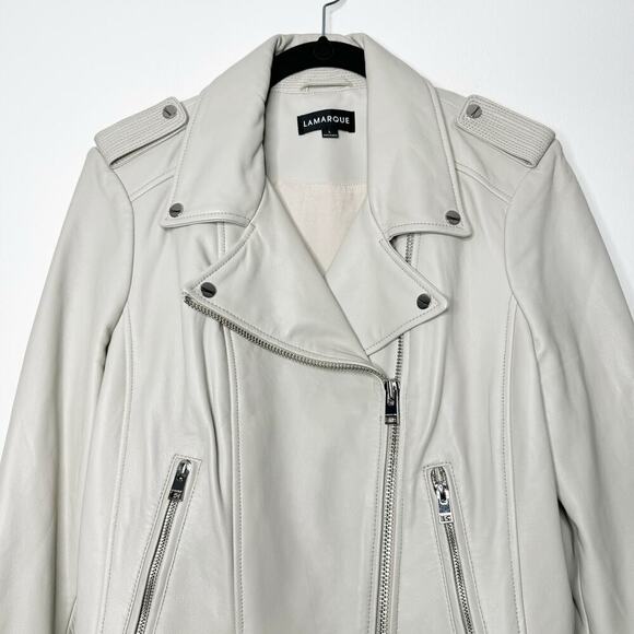 Lamarque Donna Biker Leather Jacket in Stone Grey Cream Size Large - Picture 4 of 13